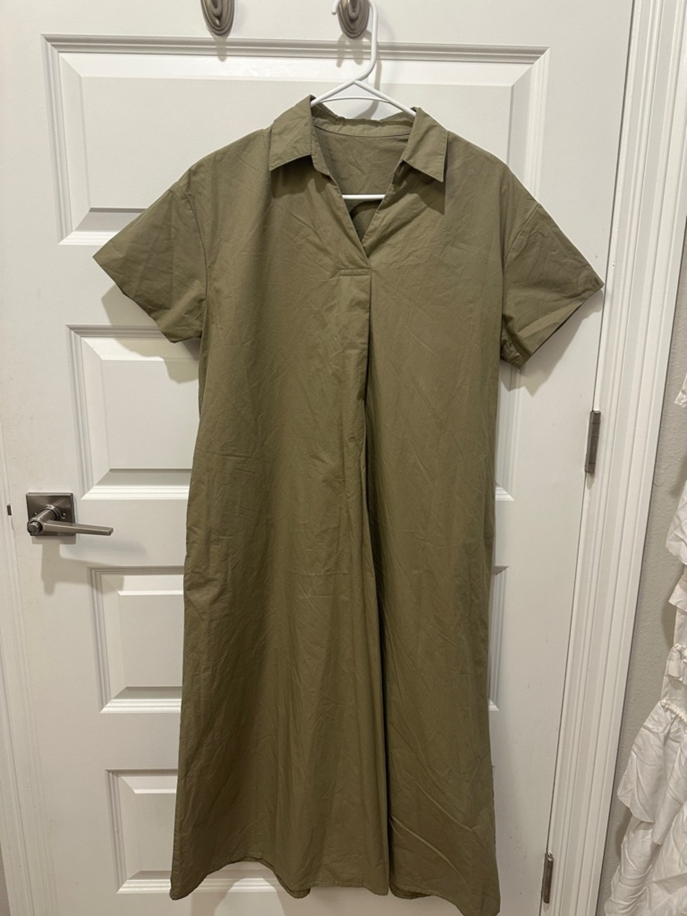 Olive Green Short-Sleeve Collared Midi Dress